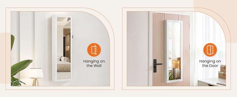 RIMIKING Jewelry Cabinet with Mirror, Dual Installation Options, Ample Storage, Convenience Features, Elegant Design,  Soft Velvet Lining, LED Lights, High Capacity Earring Storage, Dedicated Necklace Hooks, Ring Slots, Cosmetic Organizer