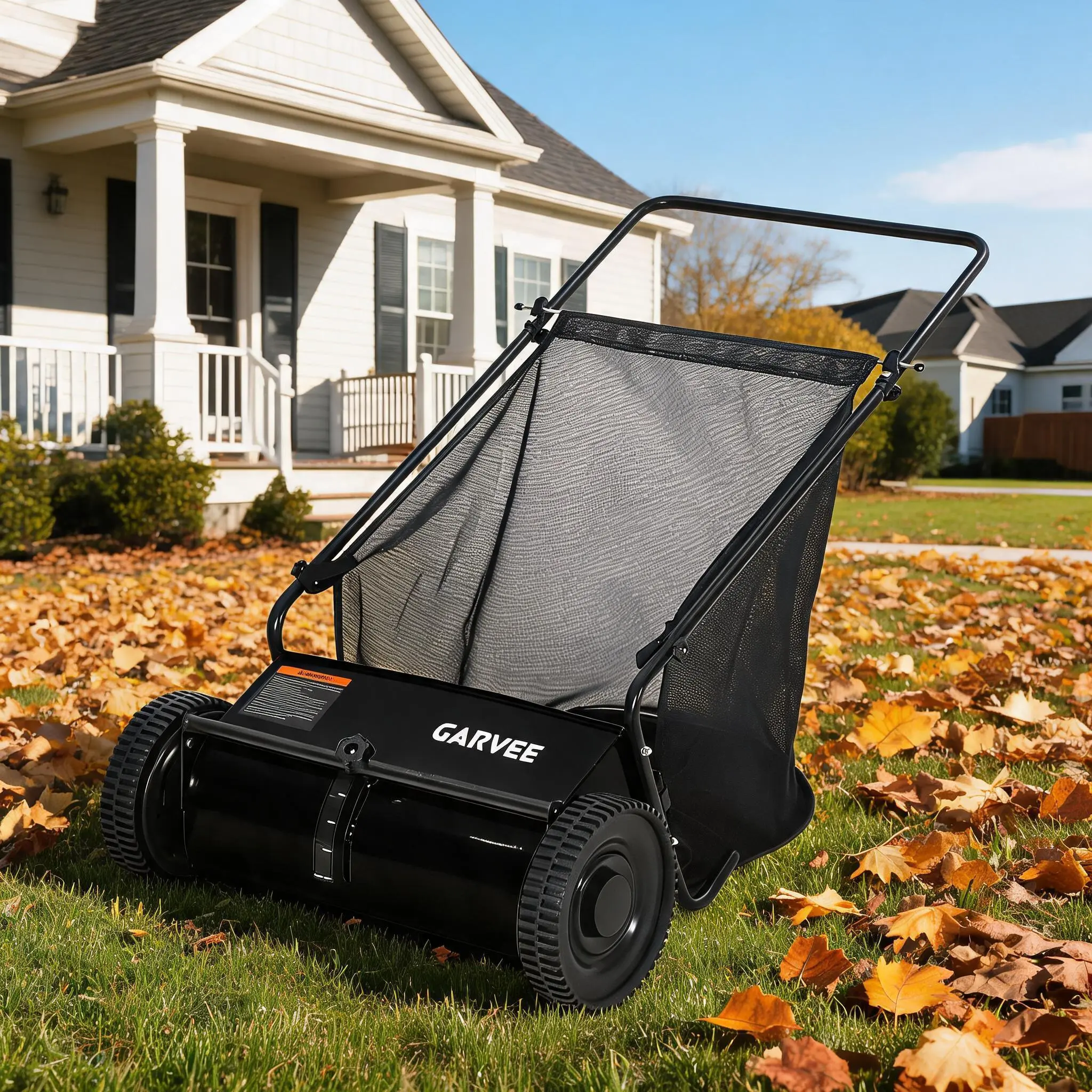 GARVEE 26" Push Lawn Sweeper 7 cu.ft Garden Cart with 3 V-Shaped Spinning Brushes 5:1 Gear Ratio Adjustable Height Manual Yard Leaf Sweeper for Lawn Driveway Patio