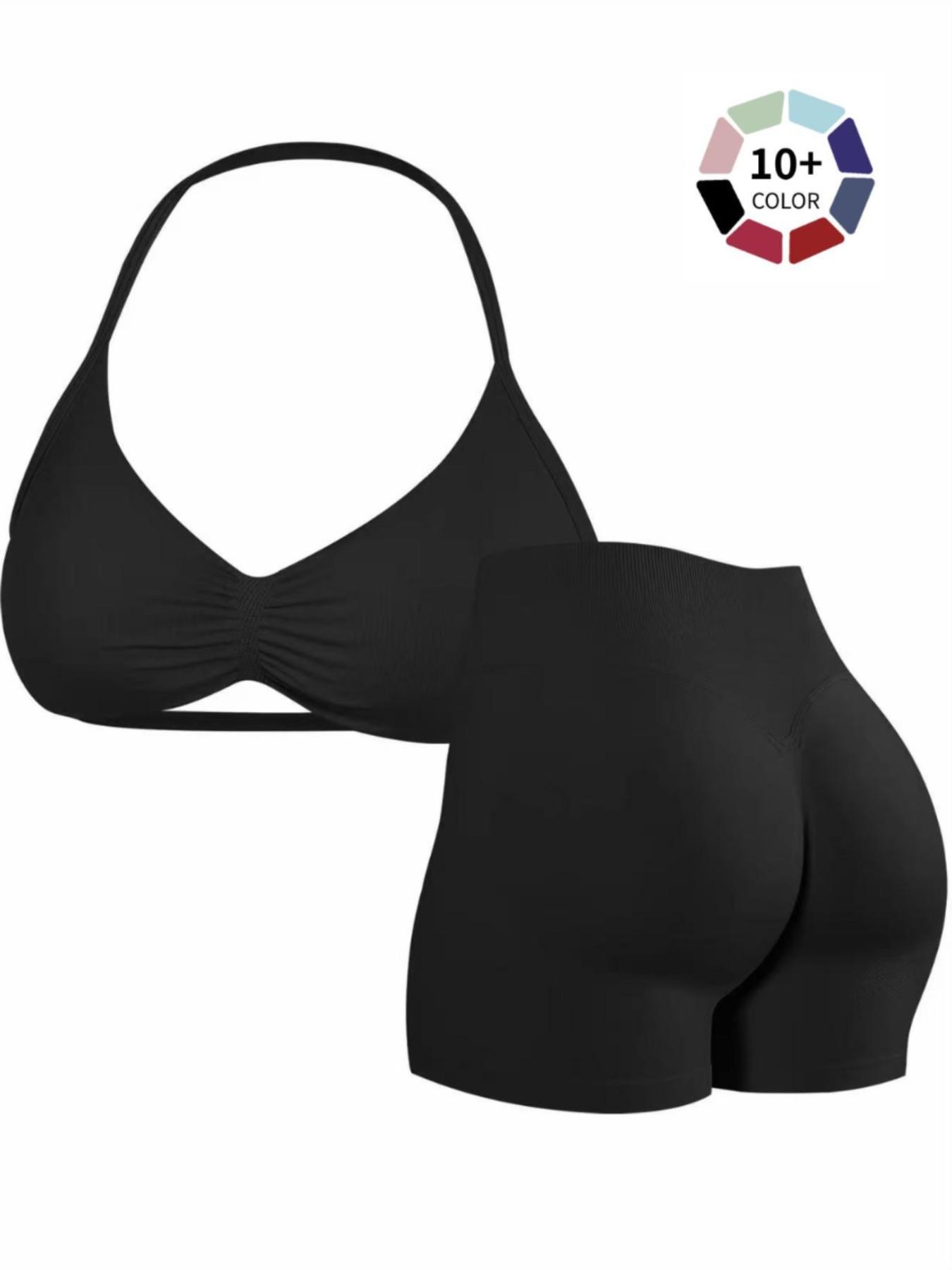 Women's Two-Piece Set, Solid Color Halter Top & High Waist Shorts, Sporty Breathable Quick-Dry for Yoga Gym Workout Running