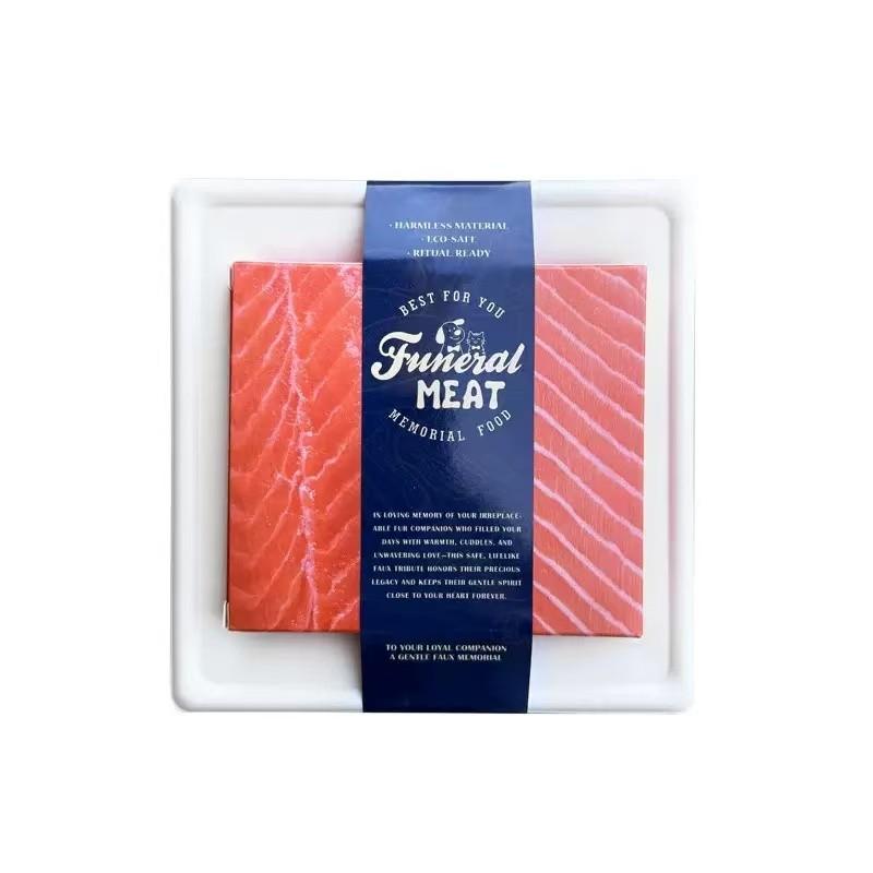 Realistic paper food offerings for pet memorial cremations, featuring beef and salmon; a combustible imitation sushi set suitable for pet funerals and as keepsakes for dogs, cats, small pets, rabbits, and hamsters