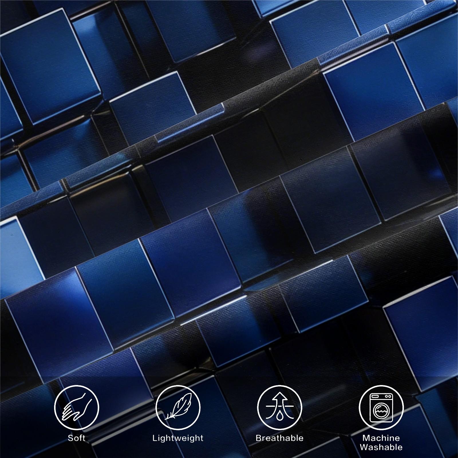 Deep Sea Neon Cube 3D Visual Fitted Sheet Set & 2 Pillowcases No Core, Blue Metallic or Glass Reflective Textures Square Matrix Blocks Design, Soft Wrinkle-Resistant, Futuristic Bedroom Decor, Gift Choice