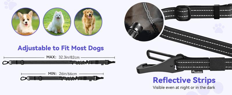 Pawaboo 2Pack Dog Seatbelt for Car, 3-in-1 Dog Car Seat Belt Bungee, Shockproof Dog Tether for Car with Buckle & Hook Latch, Adjustable Reflective Dog Car Harness Leash with 360° Lockable Buckle