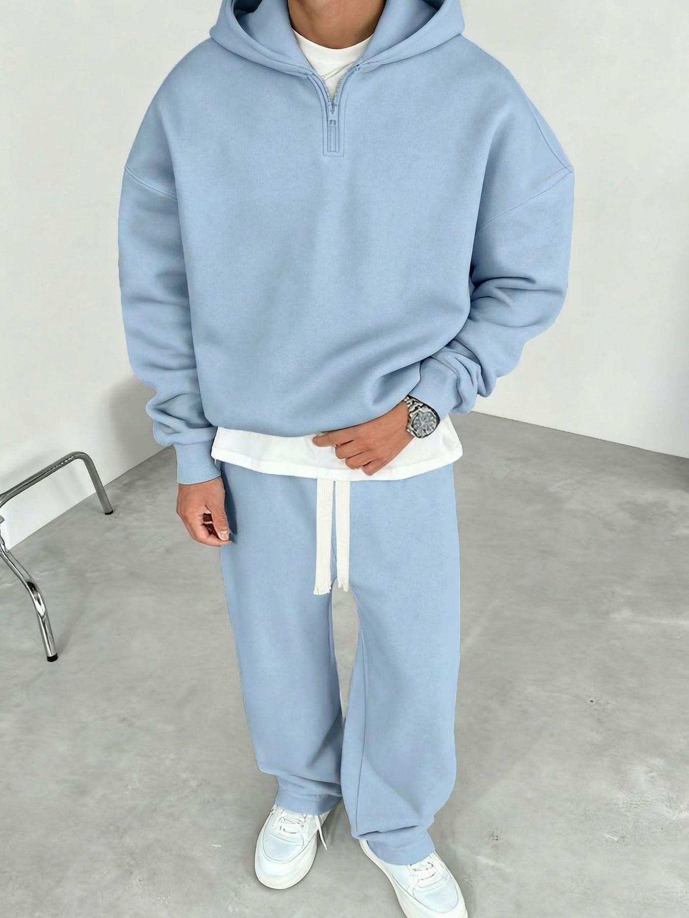 Men's Light Blue Half-Zip Hoodie & Sweatpants Set, Heavyweight Oversized Loungewear, Casual Jogger for Spring & Fall, 9 Colors