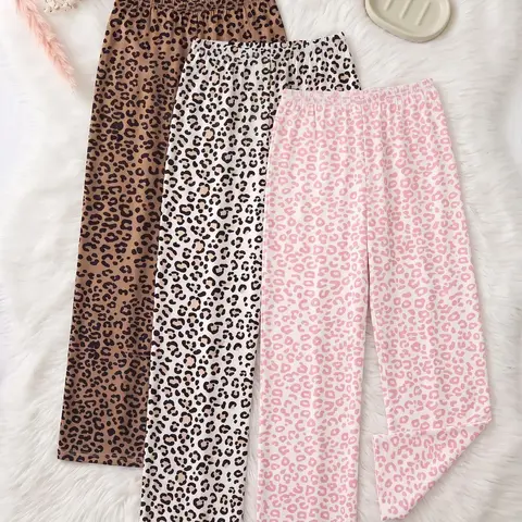 Women's 3-Pack Long Sleepwear Pants, Casual Loose-Fit, Leopard Print Pants for All Seasons, Comfortable Home Wear, Loungewear