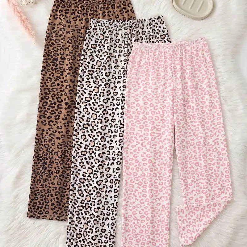 Women's 3-Pack Long Sleepwear Pants, Casual Loose-Fit, Leopard Print Pants for All Seasons, Comfortable Home Wear, Loungewear