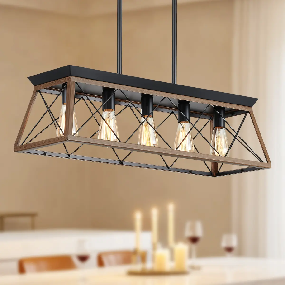 5-Light Farmhouse Chandeliers for Dining Room, Rustic Kitchen Island Lighting Pendant Light for Kitchen Dining Room Walnut,Adjustable Height Chandeliers for Kitche(No Bulbs)