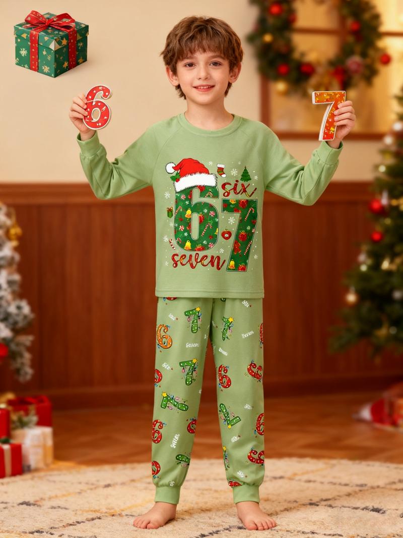 Kids' Christmas Santa Hat Print Pajama Set, Comfortable Soft Pajama Set For Holiday Gift Essential, Cartoon Print Pajama