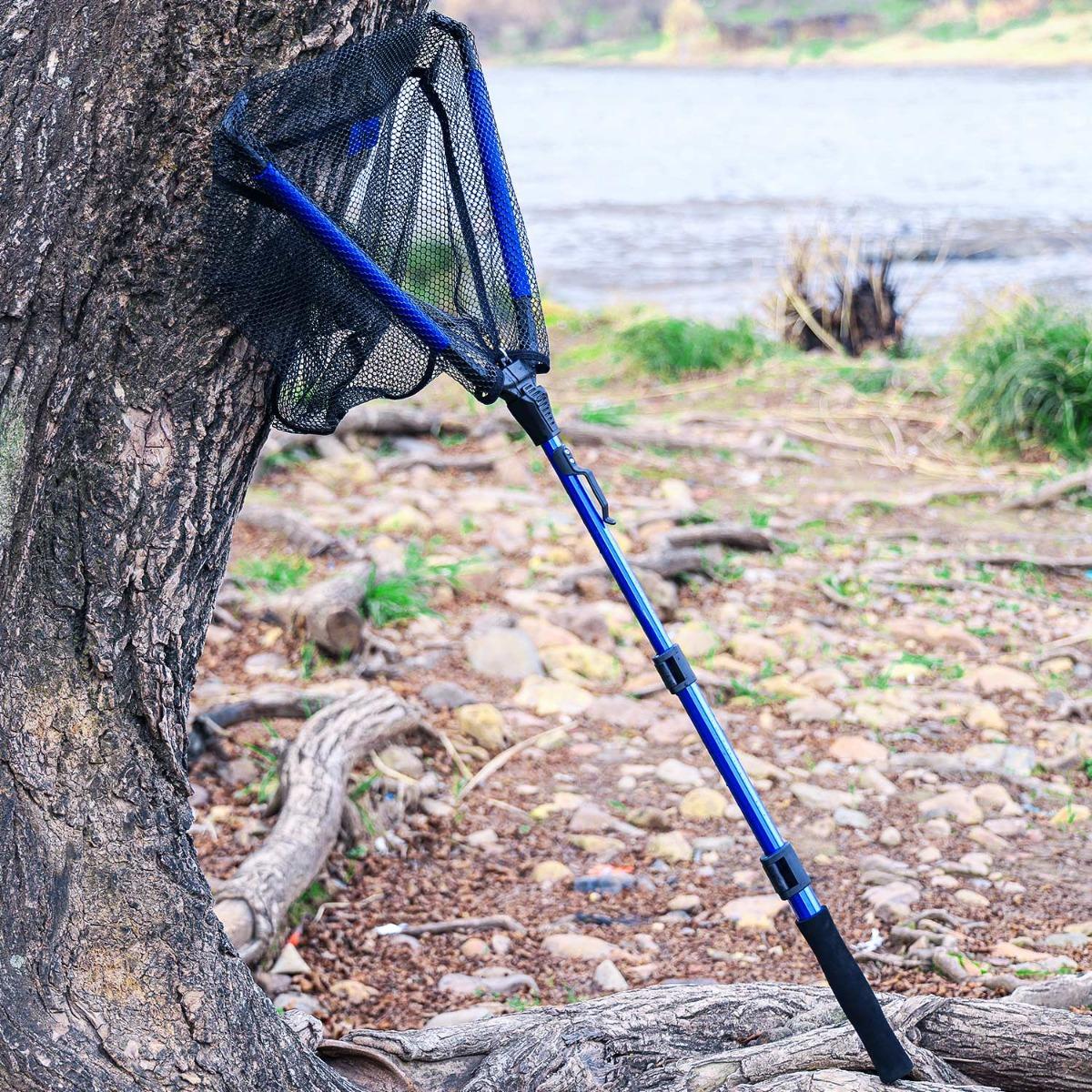 Floating Fishing Net with Rubber-Coated Base for Easy Catching of Steelhead, Salmon, Fly Fish, Catfish, Bass, Trout, Portable Collapsible Stretchable Fish Net