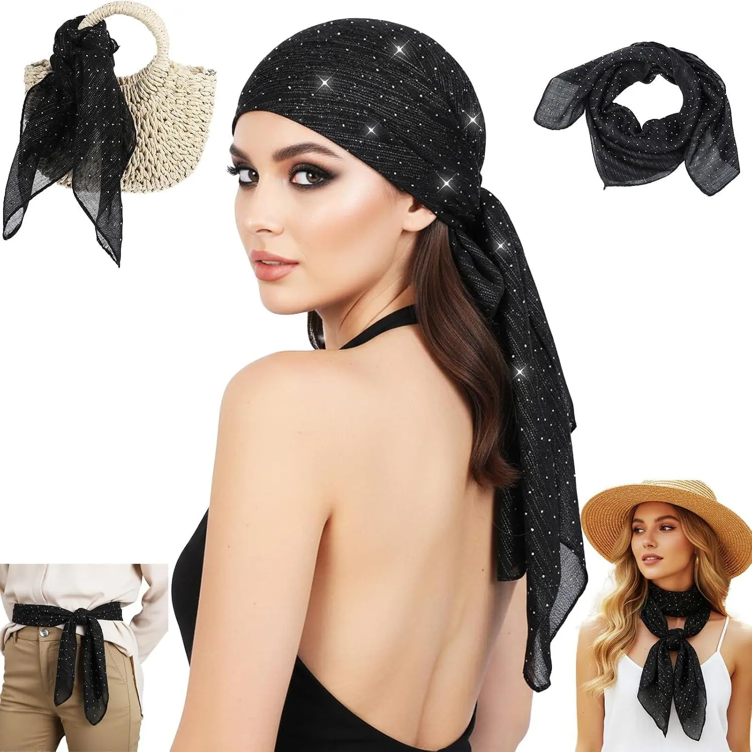 Rhinestone  Scarf For Women Black  Scarf Sparkly Rhinestone Bandana Glitter Hair Wrap Scarfs