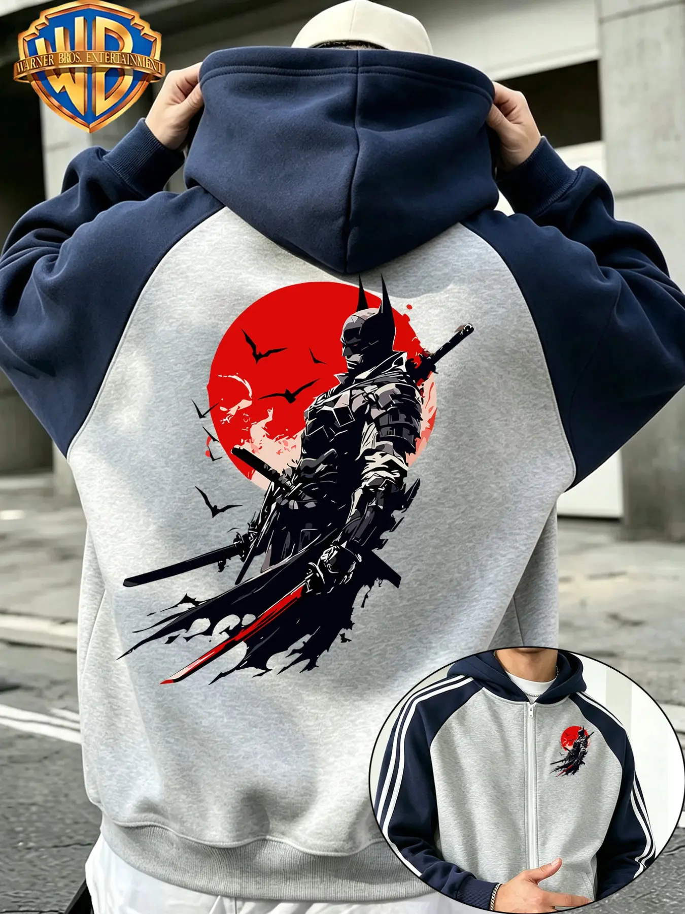 Wb Warner Bros. Samurai Batman Sun Graphic Zip Up Hoodie, Men's Loose-Fit Raglan Hooded Jacket, Dc Superhero Casual Sweatshirt for Fall, Long Sleeve