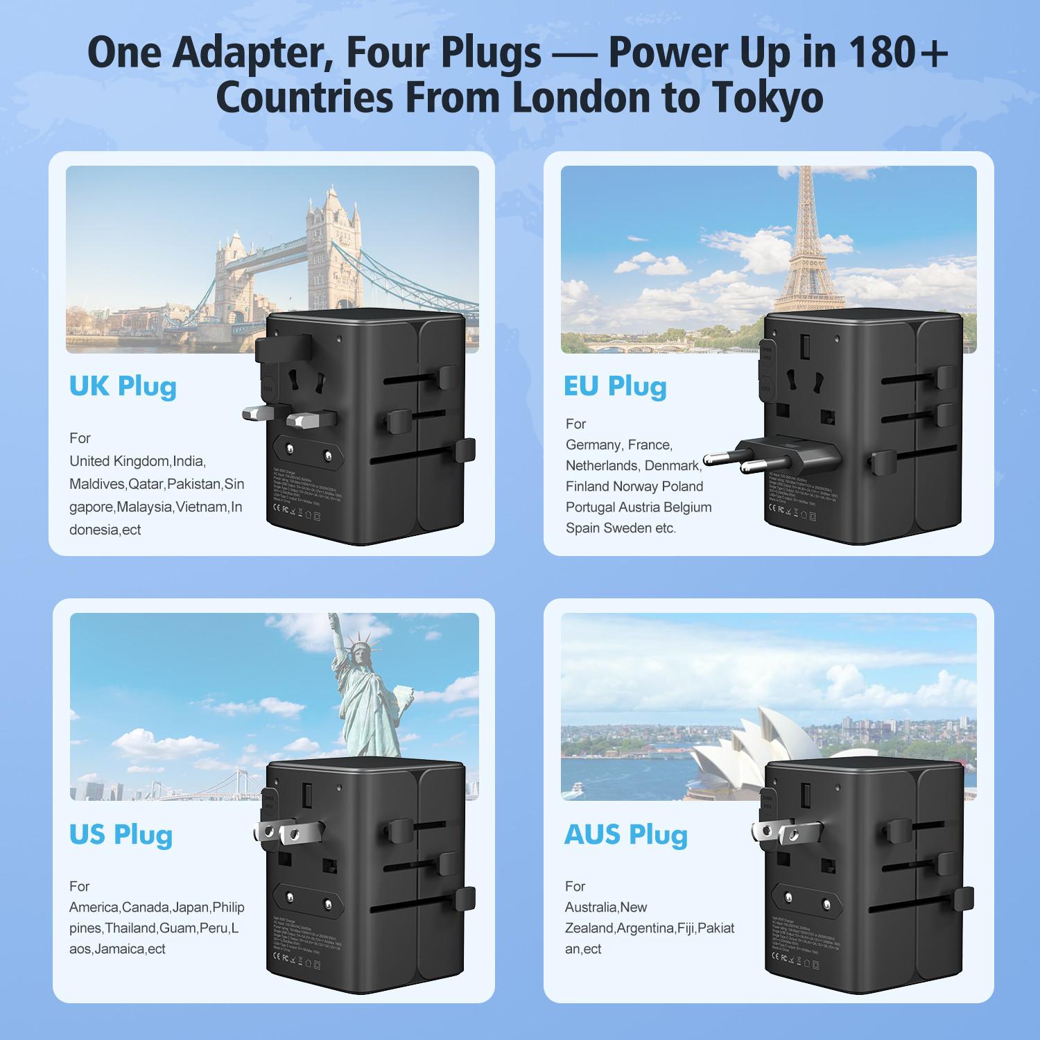 65w Universal Travel Adapter Plug, 2a2c Multi-Port Fast Charging, Compatible with Uk Us Eu Au Sockets, Ideal for Business and Leisure Travel