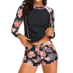 Women's Long Sleeves Rash Guard - Two Piece Swimsuits with Built in Bra Swim Shirt and Shorts with Pockets