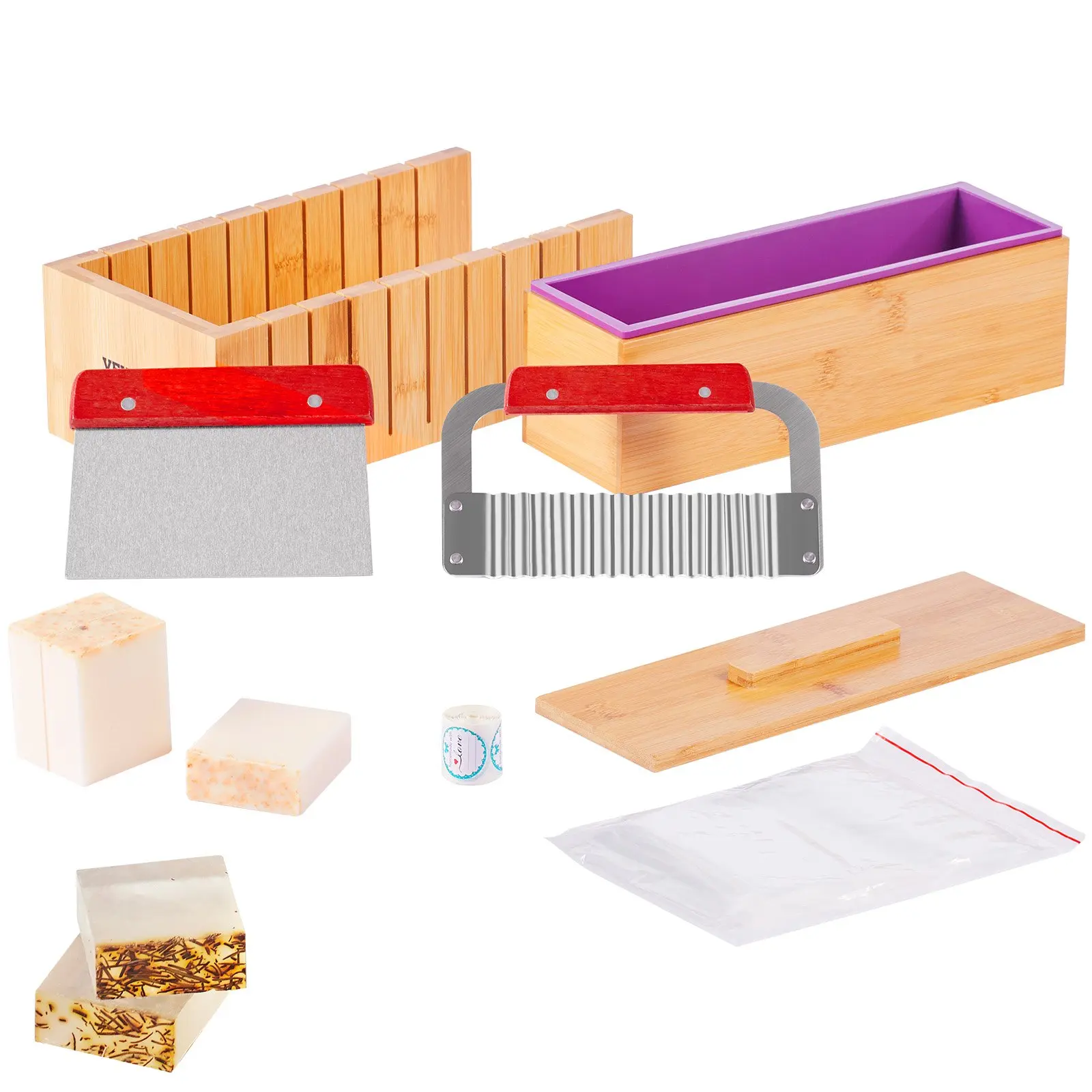 VEVOR Adult DIY Soap Making Kit - Stainless Steel Straight & Wavy Cutters, Bamboo Cutting Box, Inner Box, Silicone Mold, 100 Bags, 105 Stickers (Includes Cutters)