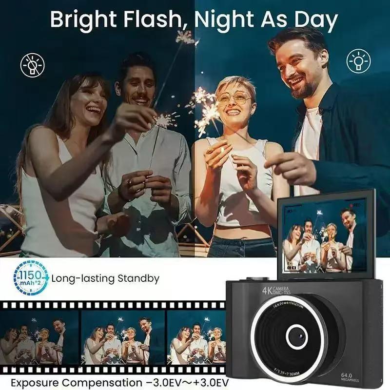 Upgrade 2.04k Digital Camera, Foldable Screen, Portable Video Recorder, 32GB SD Card, Selfie Timer, Image Stabilization, 16x Zoom, Ideal Gift