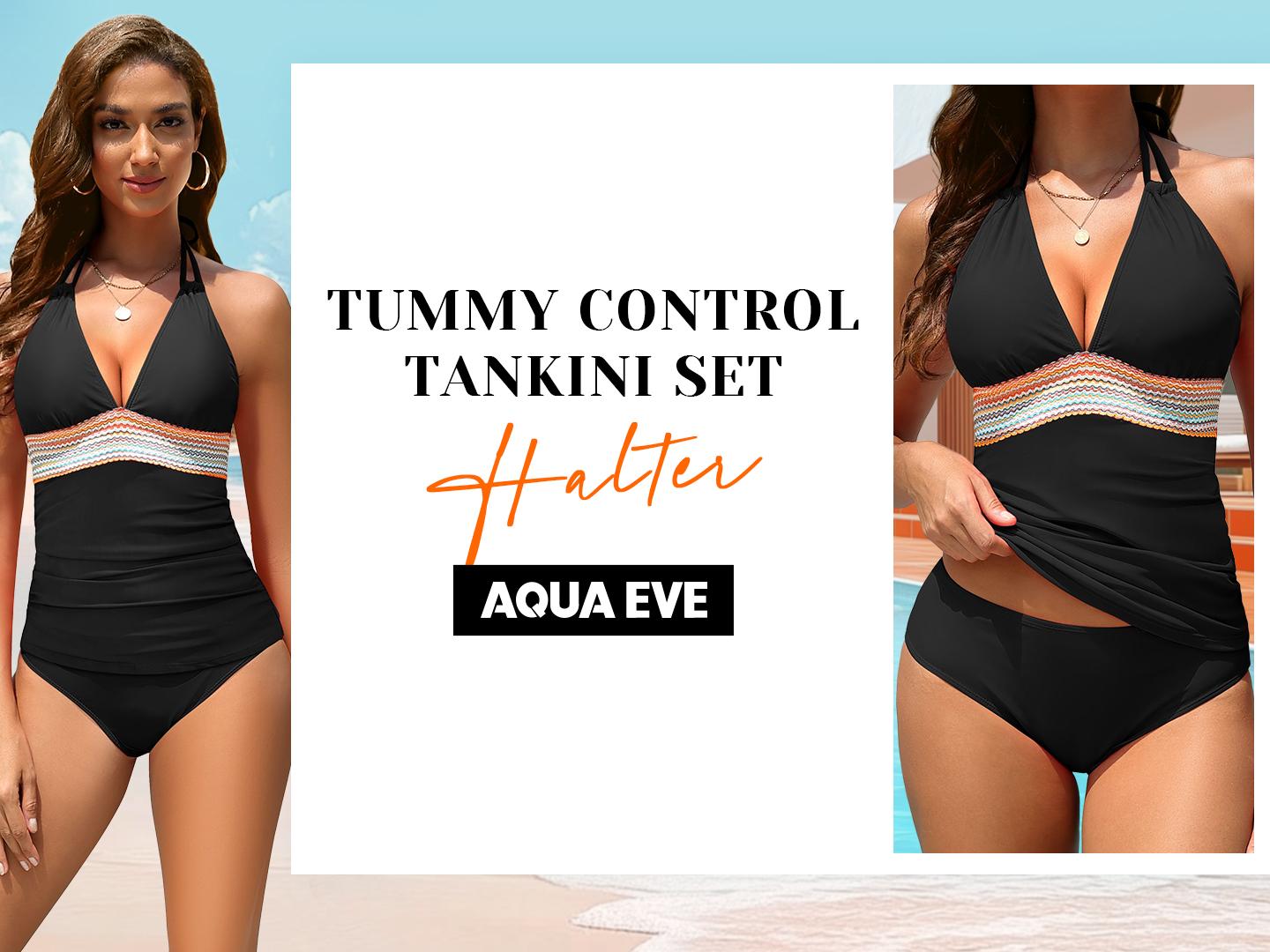 Aqua Eve Women's Tummy Control Halter 2-Piece Color Block Tankini Swimsuit - Sports & Outdoor Swimwear, Surfwear Option, Fathers Day Gift