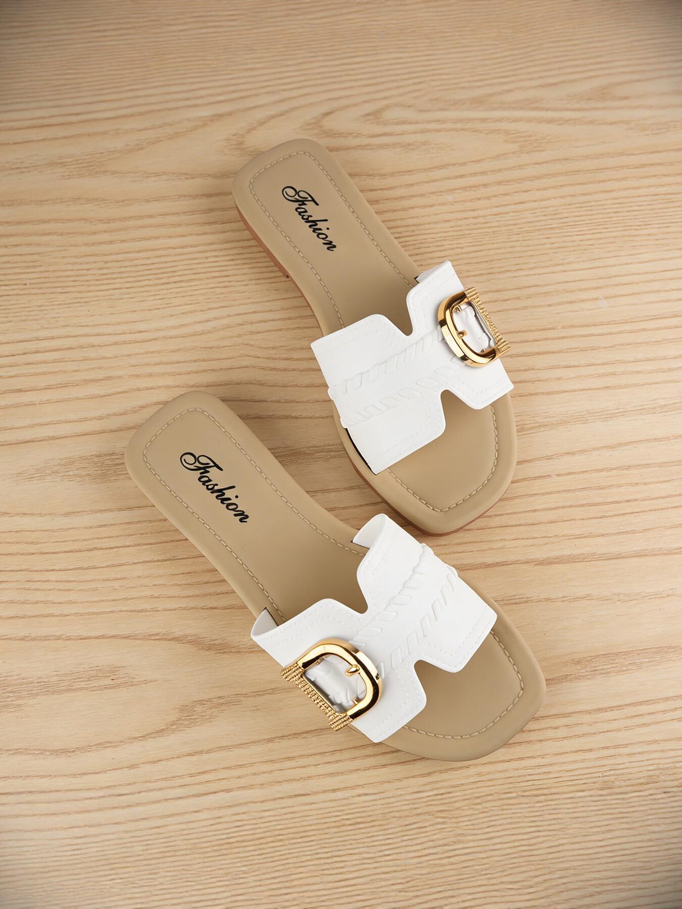Women's Decorative Buckle Sandals, Flat Casual Open-Toe Slippers, Lightweight Non-Slip, Ideal for Daily Wear, Outdoor Shopping, Beach