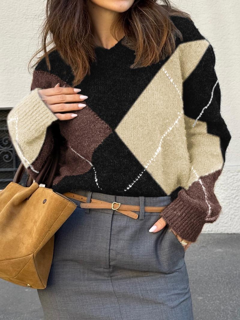 Fashion Casual Argyle Knit V-Neck Loose Long Sleeve Sweater, Fitted Short Style for Fall, Women's Comfortable Pullover