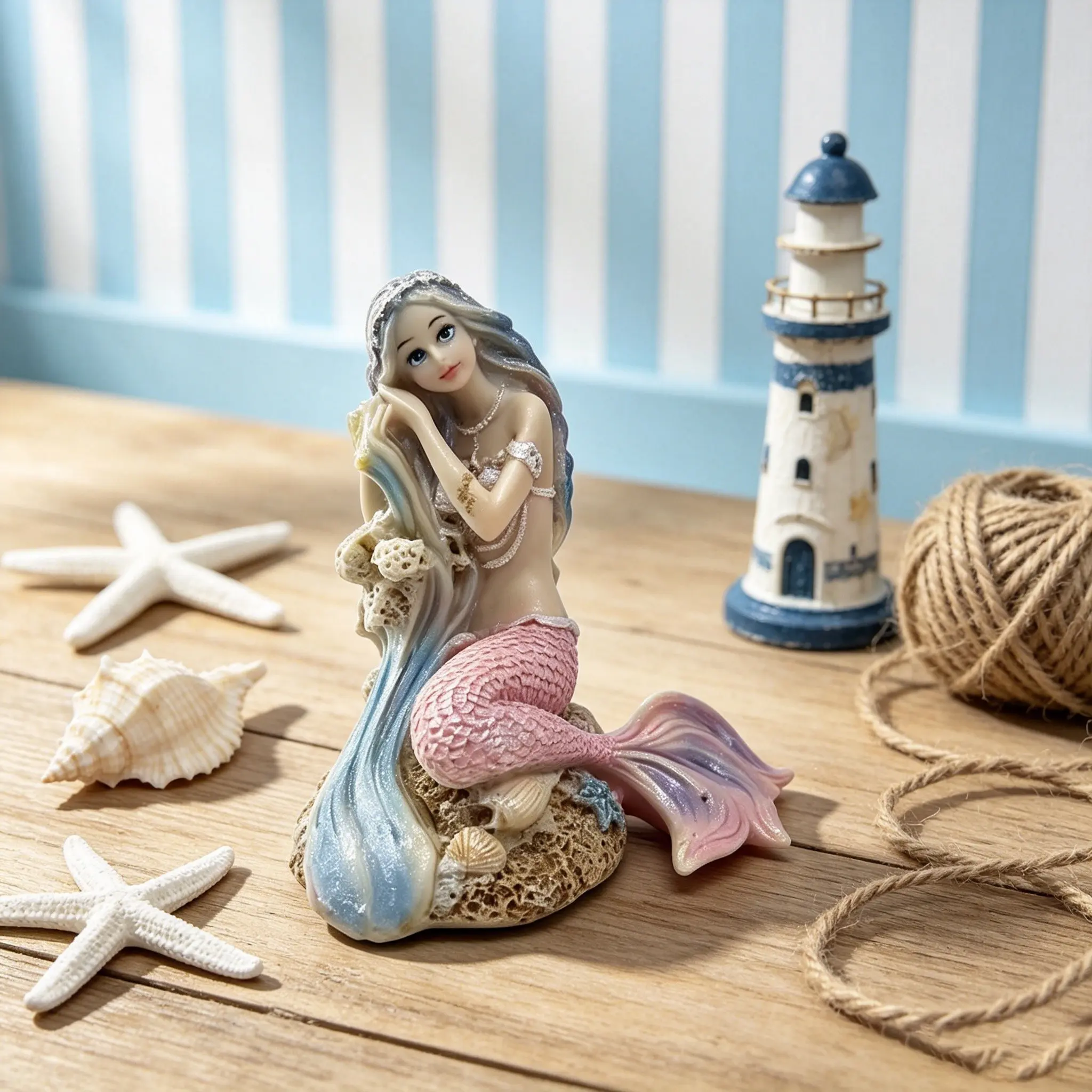 Handcrafted Resin Mermaid Sculpture, Anime Style Ocean Theme with Glittering Scales and Pearlescent Shell Base, Indoor Outdoor Decor for Home and Office