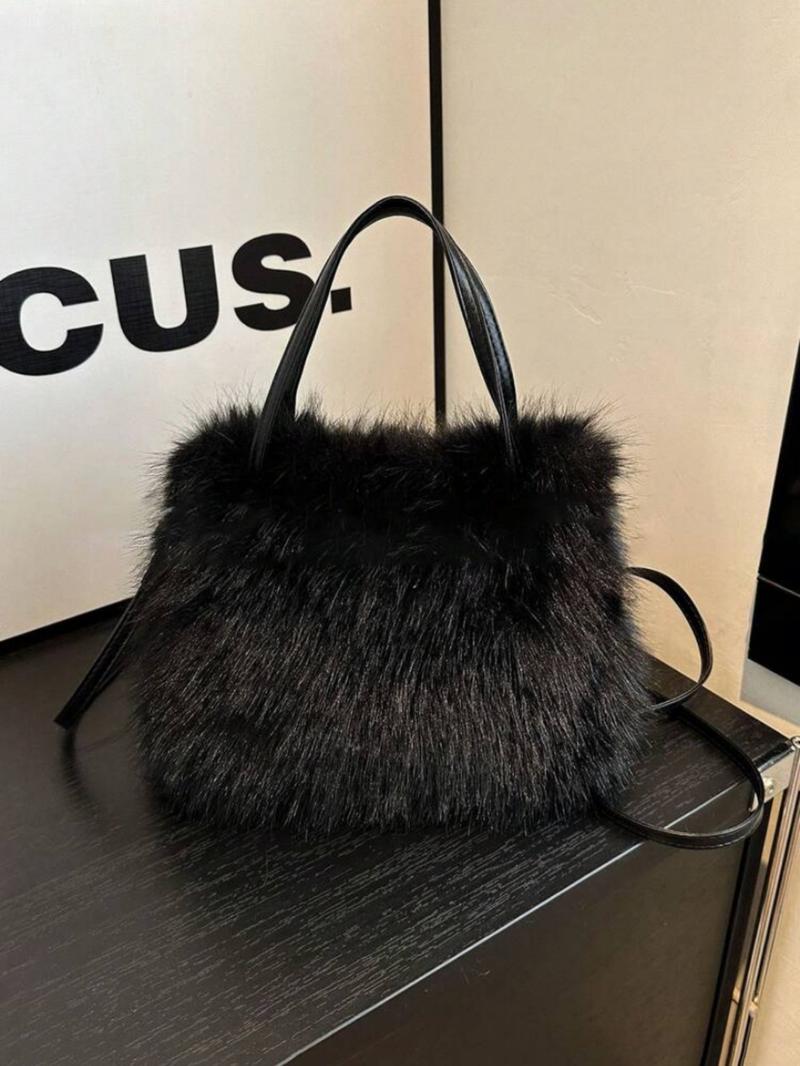 Fashionable Imitation Fur Small Casual Trendy Handbag with Grip Handle and Shoulder Strap, Stylish Design, Multiple Color Options, Perfect Daily Accessory