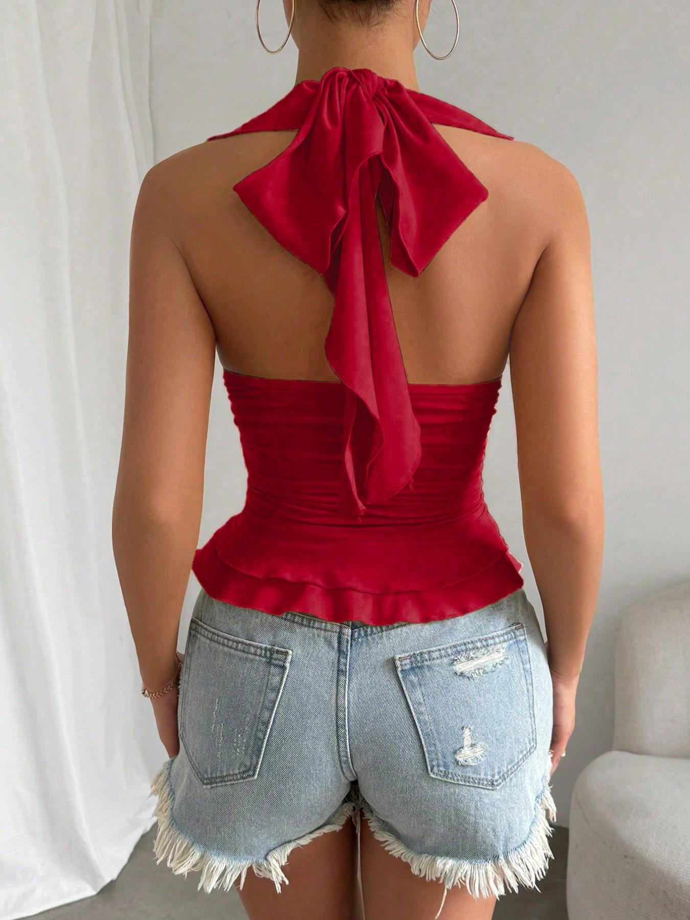 Women's Leaf V-Neck Sleeveless Ruched Tank Top Set, Essential for Daily Commute, Casual Fitted Style, All Seasons Wear