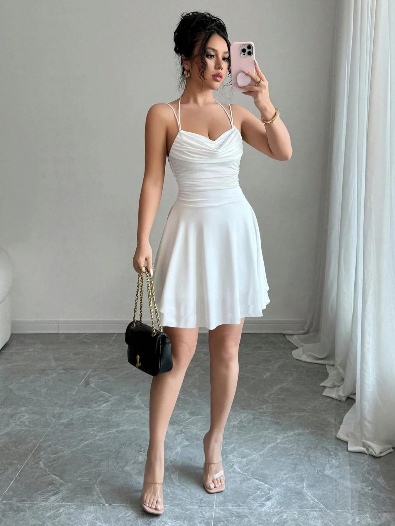 French Style Sexy Slim-Fitting Ruched Dress, Plain Color Backless Party Gown, Perfect for Graduation Season, Women's Elegant Clothing