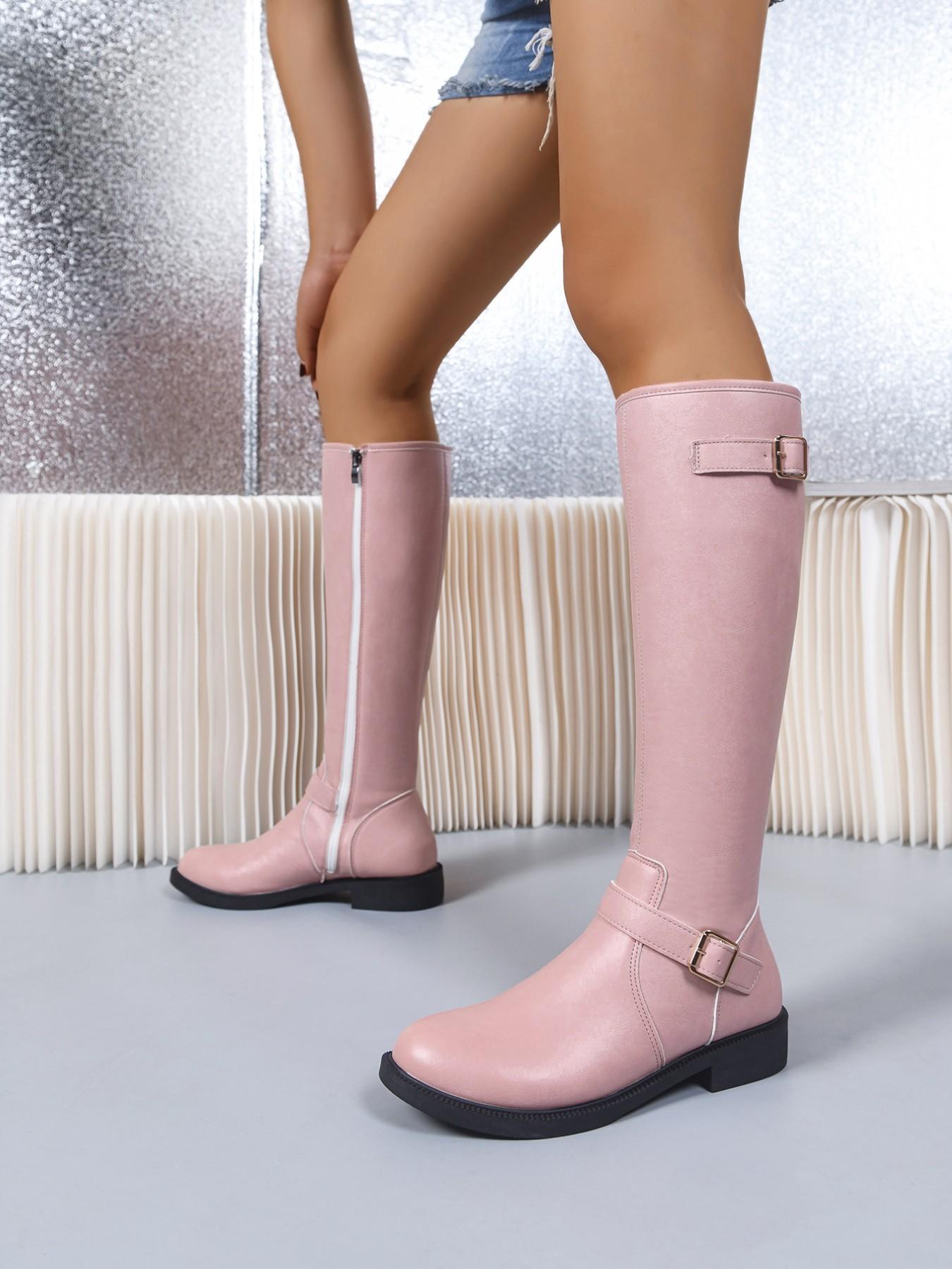 Simple Straight Calf Knight Boots, Round Toe Flat Sole, Dual Buckle Decor, Distressed PU Leather, Side Zipper, Daily Wear Tall Boots