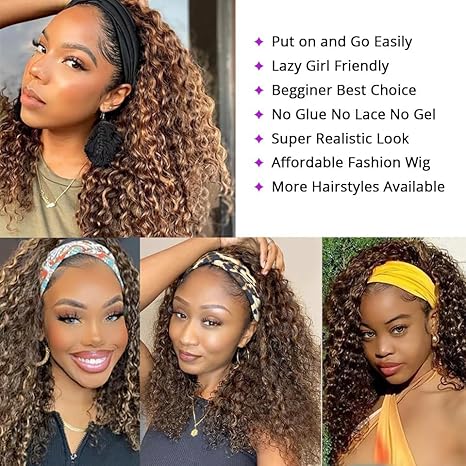 Highlight Ombre Headband Deep Wave Headband Wig Human Hair 180% Density Half Wigs for Black Women Glueless None Lace Front Wigs Brazilian Virgin Human Hair Headband Wigs Curly Wig