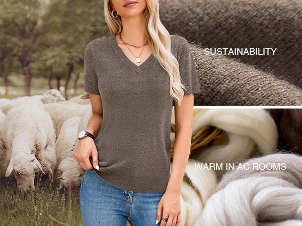 Arach&Cloz 2026 Womens Wool Blend Sweater Soft V Neck Short Sleeve Spring Fashion Pullover Tops Business Casual Outfits