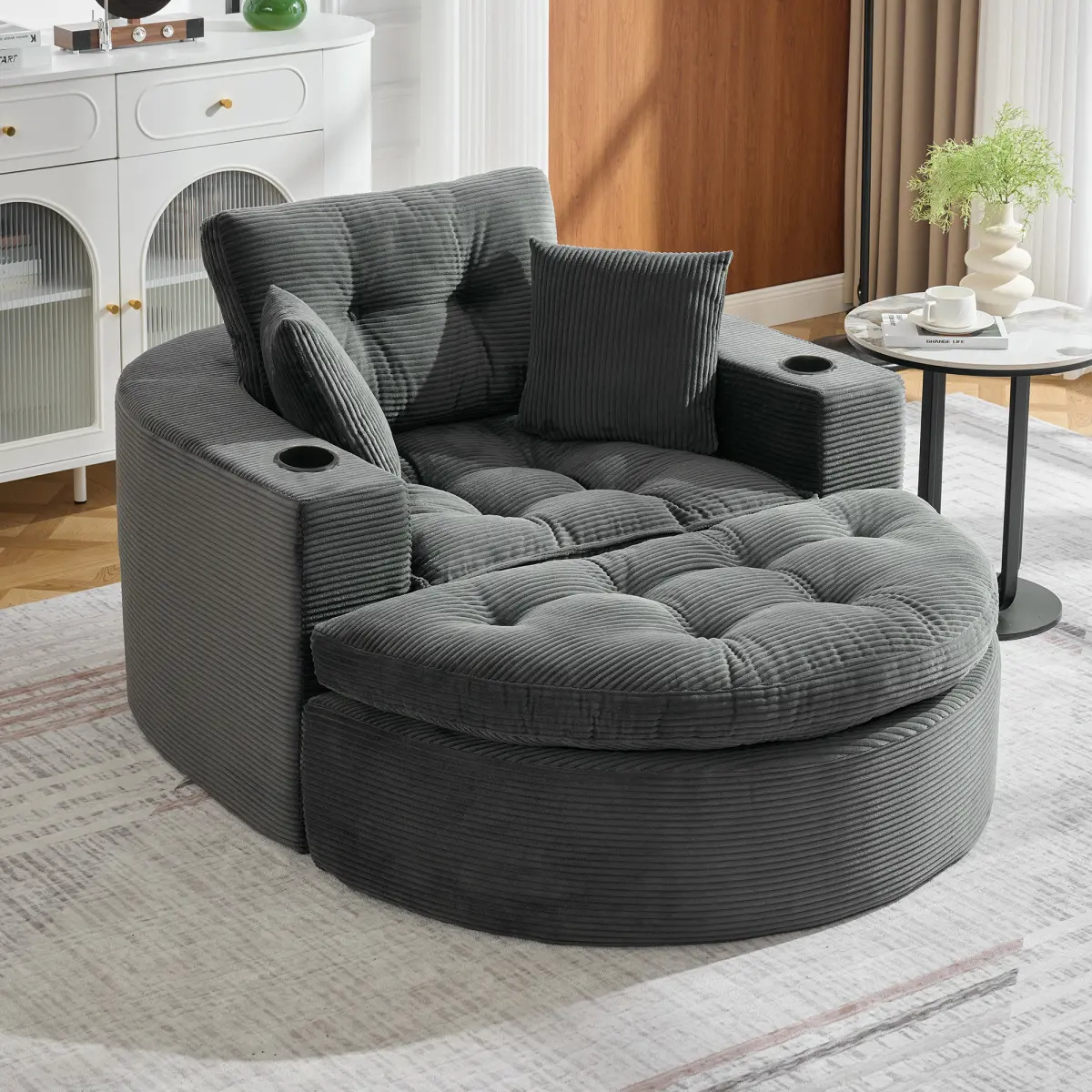Oversized Round Chaise Lounge Sofa, Boneless Sofa Couch with Ottoman, Upholstered Lounge Chair with 3 Pillows, Deep Seat Chair for Living Room Bedroom, No Assembly, Dark Gray