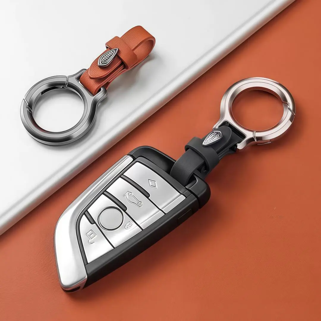 New Upgraded Car Metal Keychain - Fashionable Zinc Alloy Multi-Purpose Anti-Lost Key Holder with Leather Strap, Locking Loop, Black Car Interior Accessory