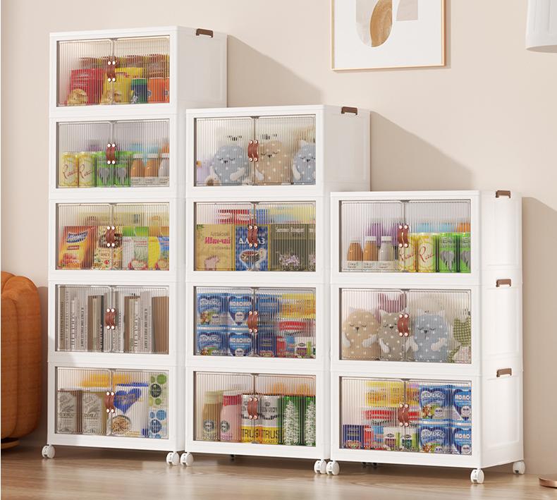 NLDD Stackable Storage Bins with Lid, Foldable Multifunctional Organizer, Folding Storage Box with Doors, Plastic Collapsible Storage Containers Open Front, Used in Living Room,Bedroom,Bathroom