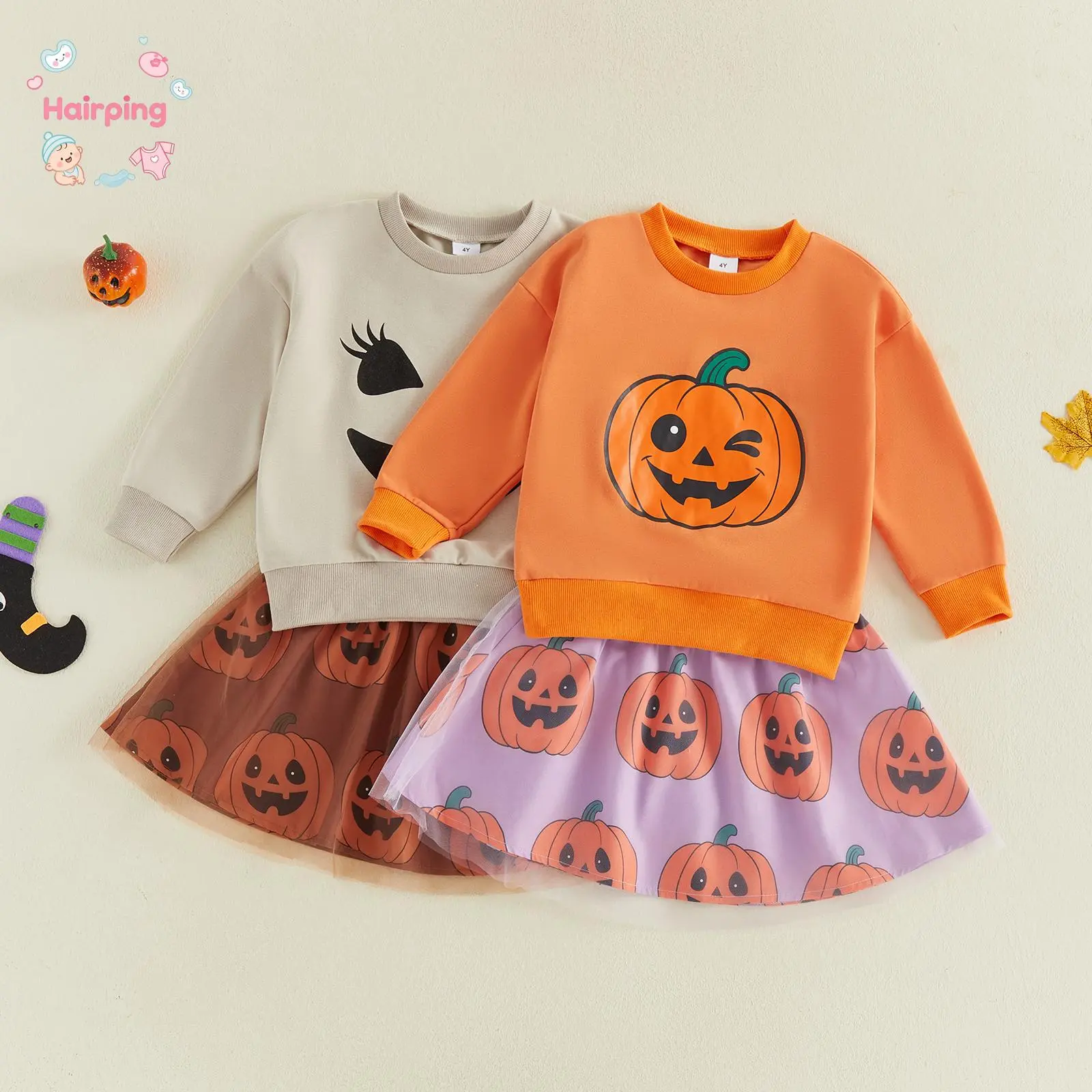 Little Toddler Girl's 2-Piece Halloween Outfit - Pumpkin Print Cotton Blend-Elastane Mix Long Sleeve Sweatshirt & Tulle Skirt, Safe Materials for Fall Winter (Baby & Maternity Gift Set)