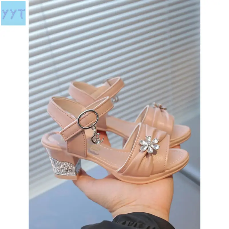 YYT1 Girls' PU Upper Chunky Heel Sandals with Water Drills, Floral Decor - Elegant Princess Footwear for Special Events