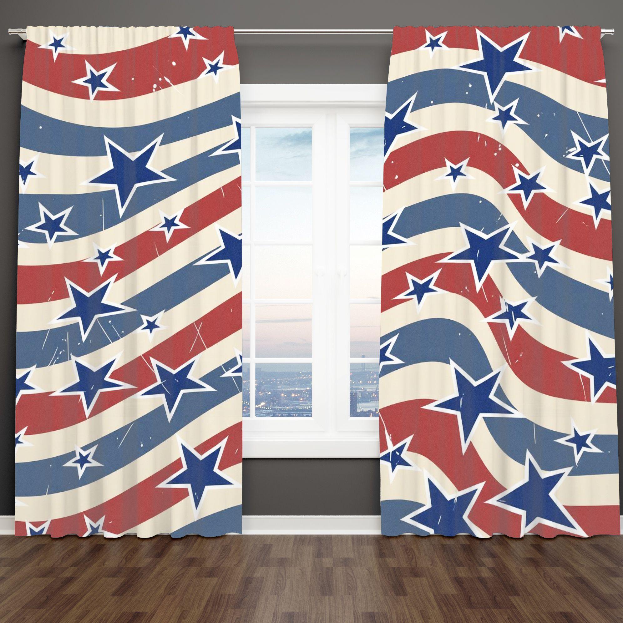 2D Flat 2-Piece Patriotic American Flag Window Curtain Set, Wavy Red White Blue Stripes with Blue Stars (Some White Outlines), Distressed Retro Pattern, Classic Stars & Stripes Design for Living Room Bedroom Decor