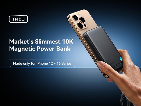 INIU MagFino 10000mAhPortable Charger, Ultra Slim Qi2 Certified 10000mAh 45W Magnetic Power Bank, super fast charge, Metal USB C in&Out Wireless Battery Pack with Foldable Stand, Phone Charger, Only for iPhone 16/15/14/13/12 Series