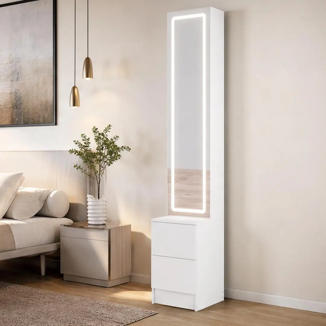 LED Dressing Mirror Cabinet with Jewelry and Cosmetic Storage, 63-Inch Tall Freestanding Vanity with Adjustable 3-Color Lighting, White MDF, for Bedroom