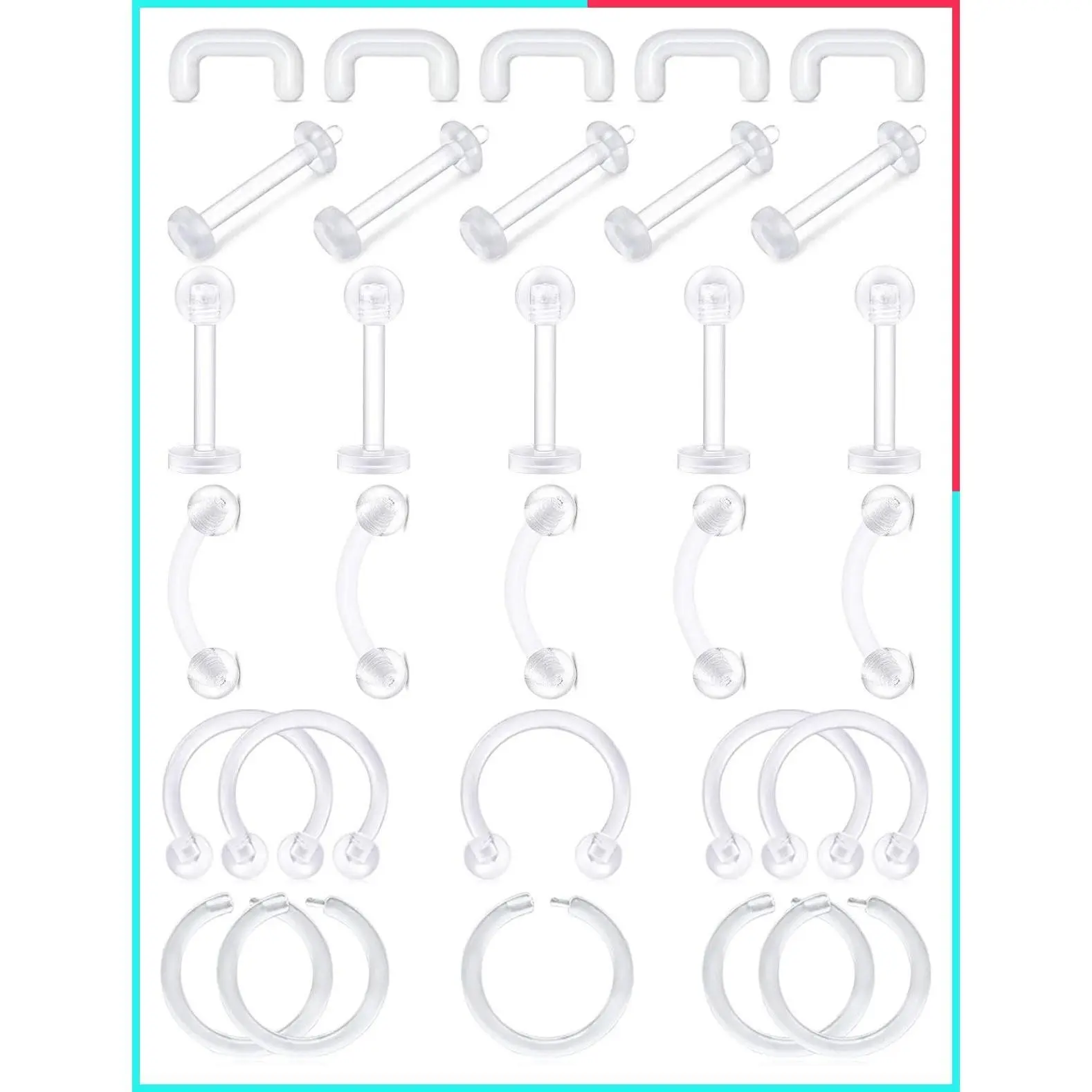 16G Clear Flexible Plastic Piercing Retainers for Cartilage, Helix, Daith, Rook, Tragus, Nose, Septum, Lip, Eyebrow Rings