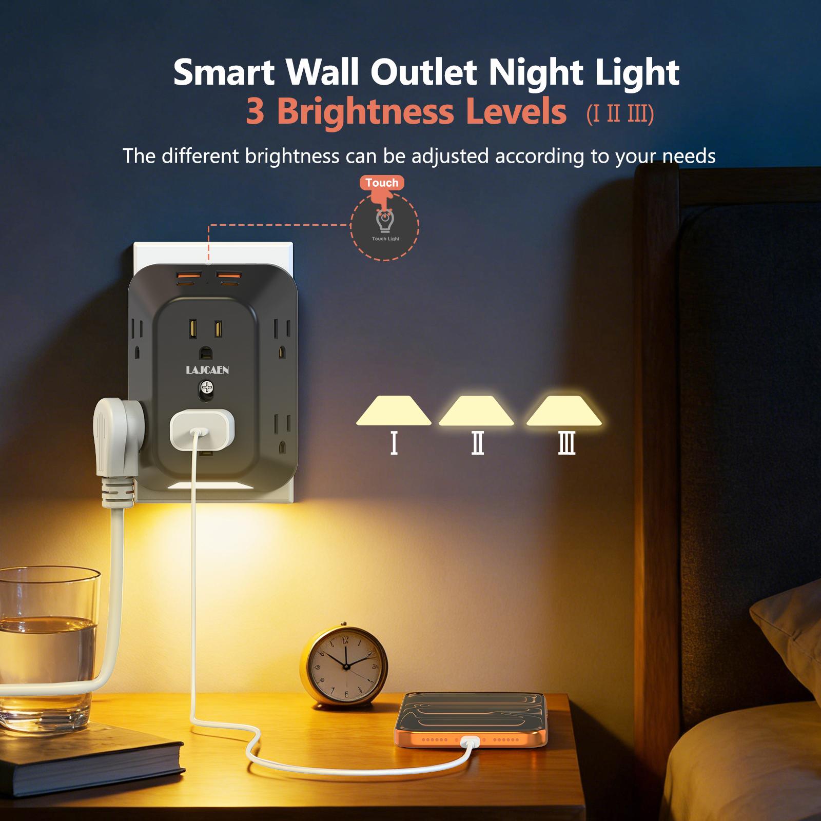 Multi Plug Outlet Extender Surge Protector with Night Light, 6 Outlet 4 USB(2A2C) Wall Adapter,  4 Sided Design, Touch Control 3 Level Night Light, 1050J Surge Protection for Home Travel