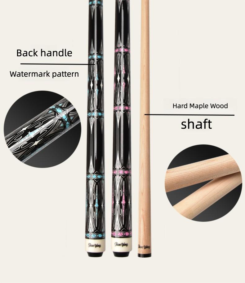 JIAN YING Premium Billiards Cue Set with Leather Case 1/2 Split 12.5mm Tip 18-20oz Weight 58 Inches Length Black Pink Pattern Includes Cue Glove & Chalk