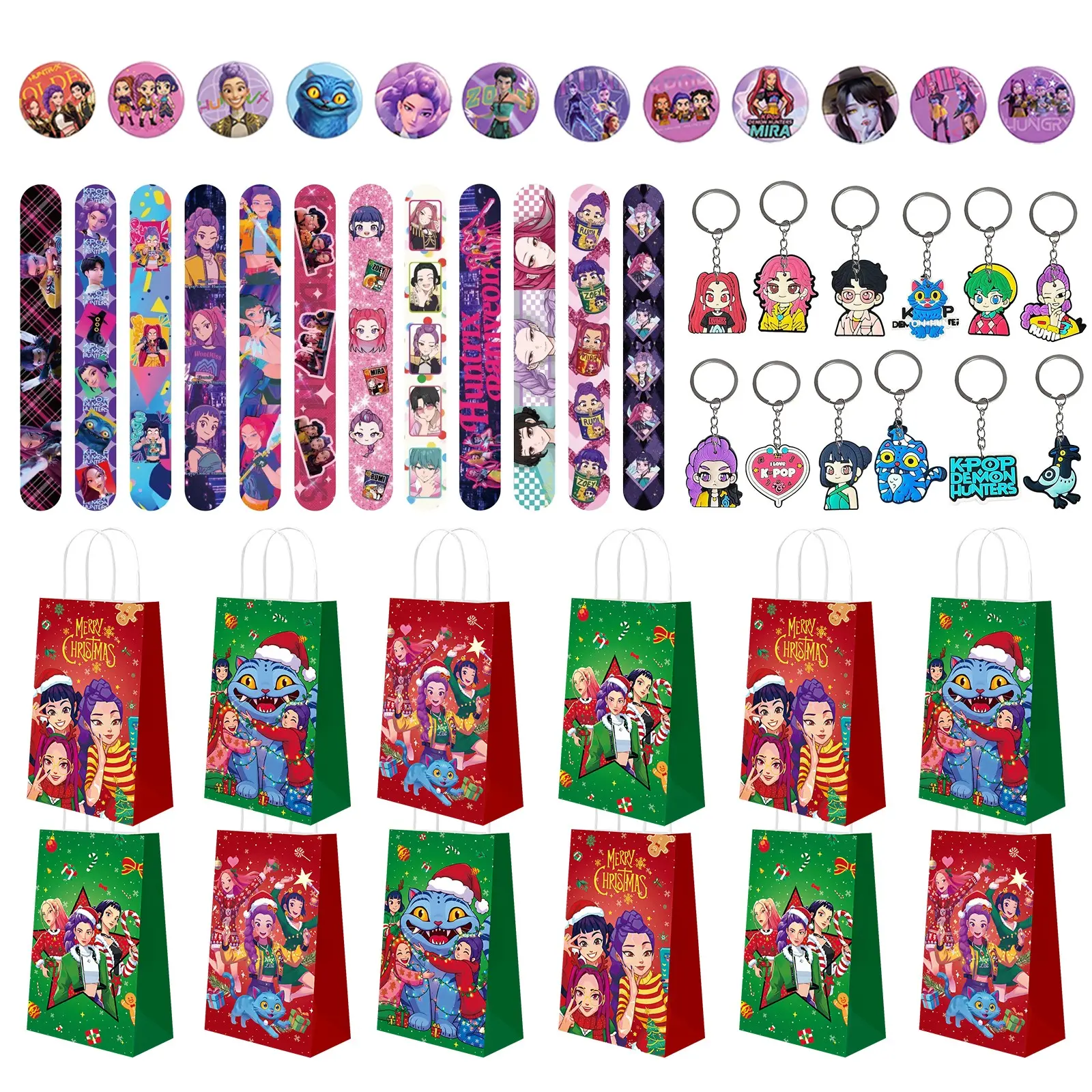 Korean cartoon girl group Christmas-themed party favor 4-piece set, including 12 bracelets, 12 keychains, 12 gift tote bags, 12 badges, perfect for wearing and taking photos at the party, and for packing as guest souvenirs