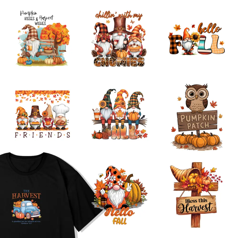 9 Pcs Autumn Gnomes Fall Harvest Pumpkin Patch Hello Fall Bless Harvest Friends Gnomes Chillin Gnomes Pumpkin Kisses Owl Sign Truck Harvest Iron on Transfers Press Washable Stickers casual style. Iron On Transfer Patches Hoodie DIY