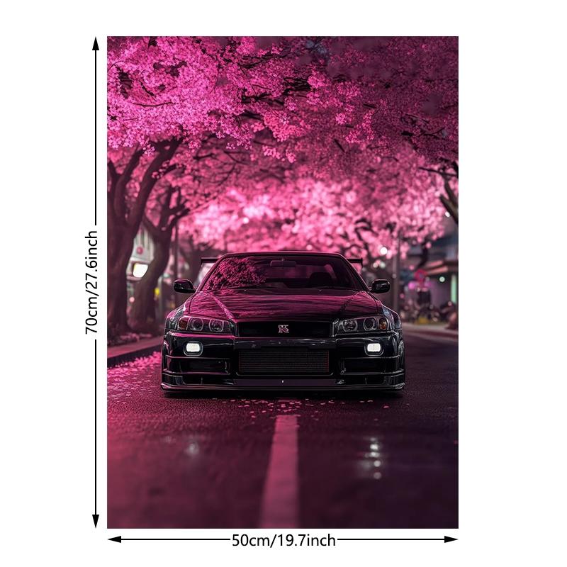 frameless canvas art print posters, Art Work For Wall Decor, realistic vehicle art, classic Japanese sports car R34 Under Cherry Blossoms, perfect gift for JDM vintage car enthusiasts, ideal gift for bedroom, living room,dormitory hallway, wall decoration