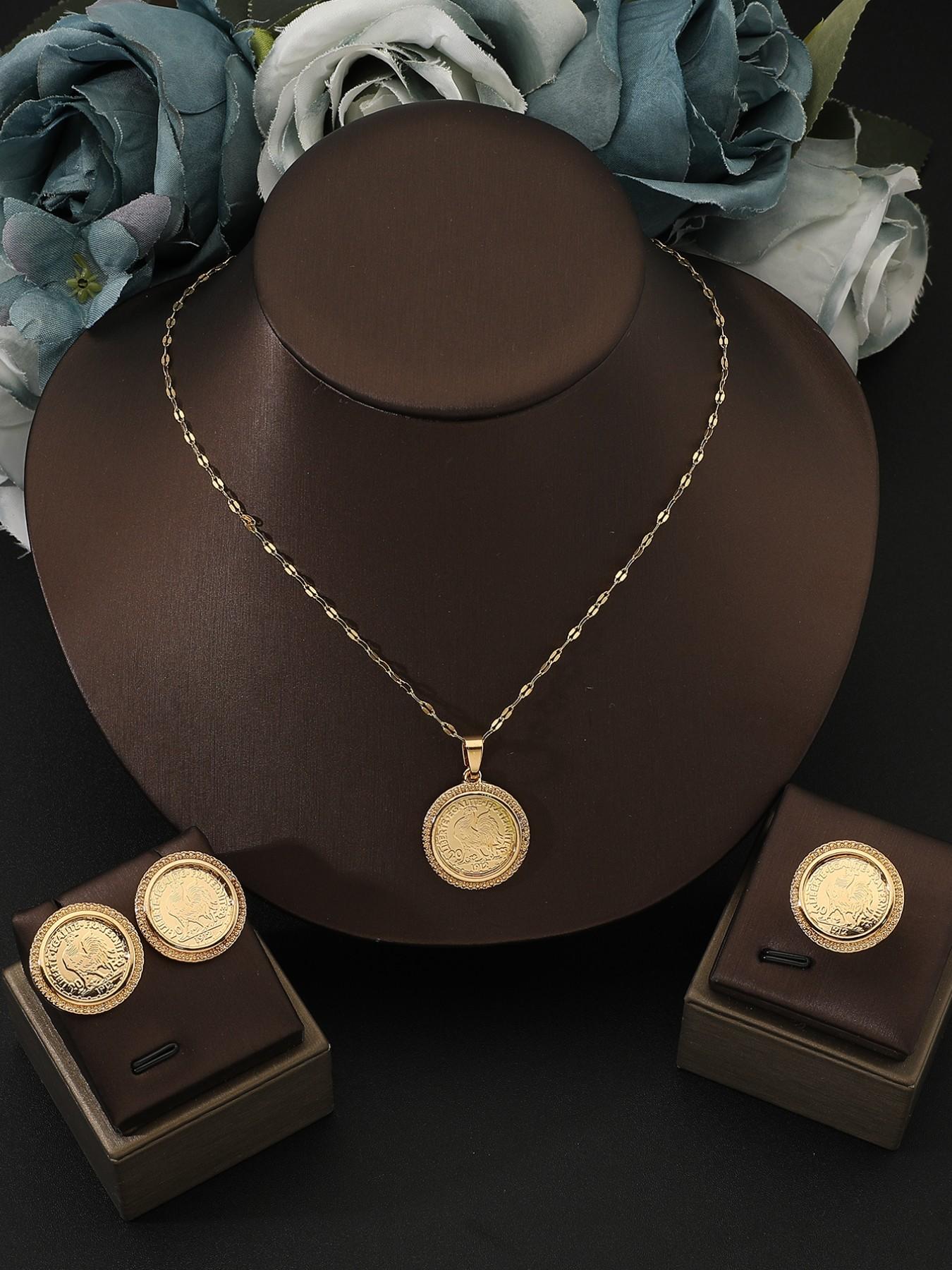 Vintage Turkish Gold Coin Jewelry Set, 18k Gold Plated Rhinestone Necklace Earrings Ring Trio, Casual Stainless Steel Accessories