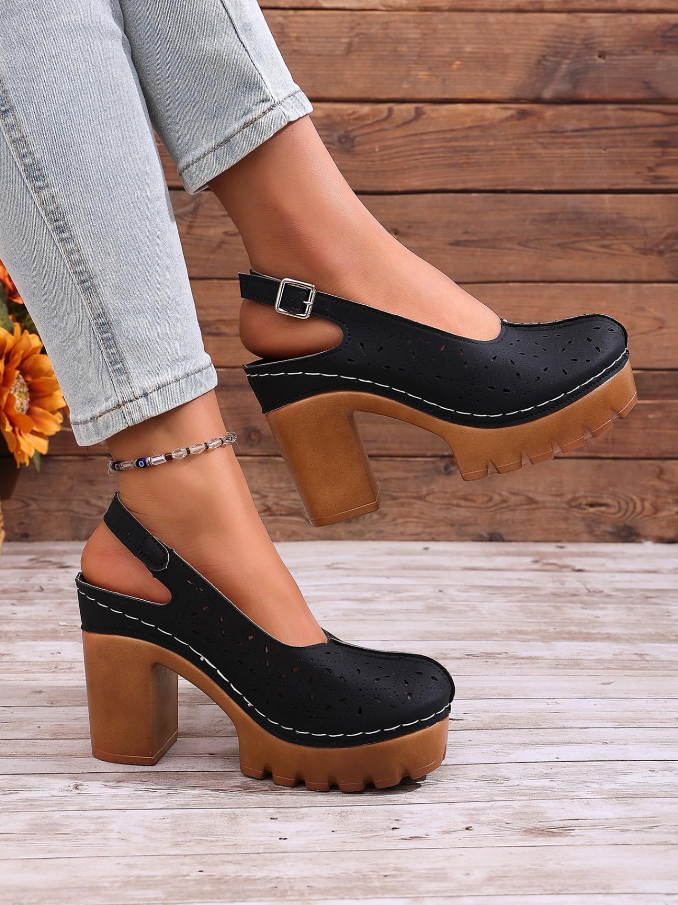 2026 Summer New Retro Thick Heel Sandals for Women, Hollow Out Floral Design, Waterproof Platform High Heels, Versatile Outdoor Wear