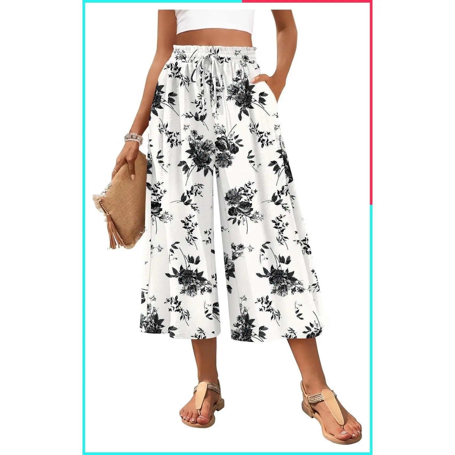 Womens Capri Wide Leg Palazzo Flowy Gaucho Pants with Pockets - High Waisted Drawstring Dressy Casual Culottes for Summer Beach Vacation, Lounge, Teacher Outfit