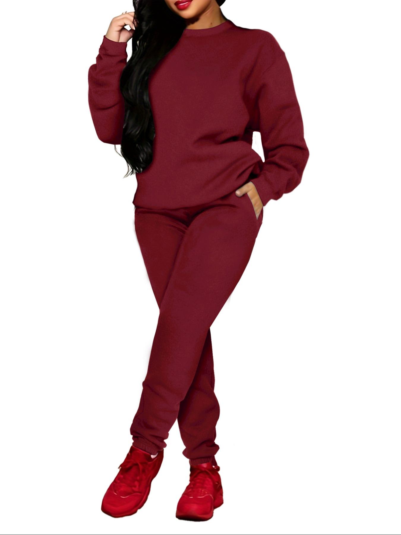 Women's Winter Casual Fitted Two-piece Set, Thick Warm Top & Pants for Home Wear, Simple Plain Design, Perfect for Cold Weather, Womenswear