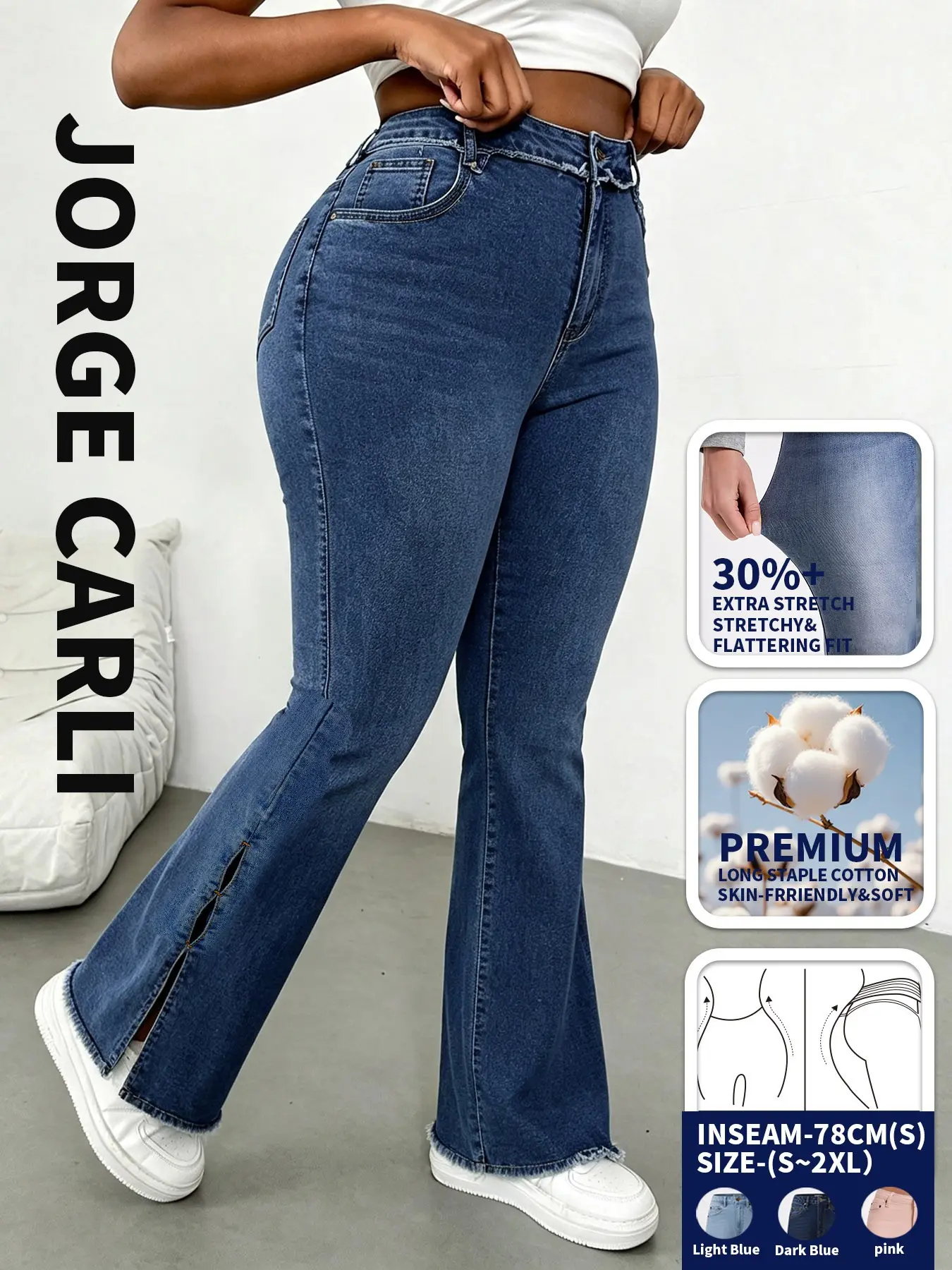 JORGE CARLI High Waist Split Hem Flare Jeans Raw Fringe Hem Stretch Denim Pants