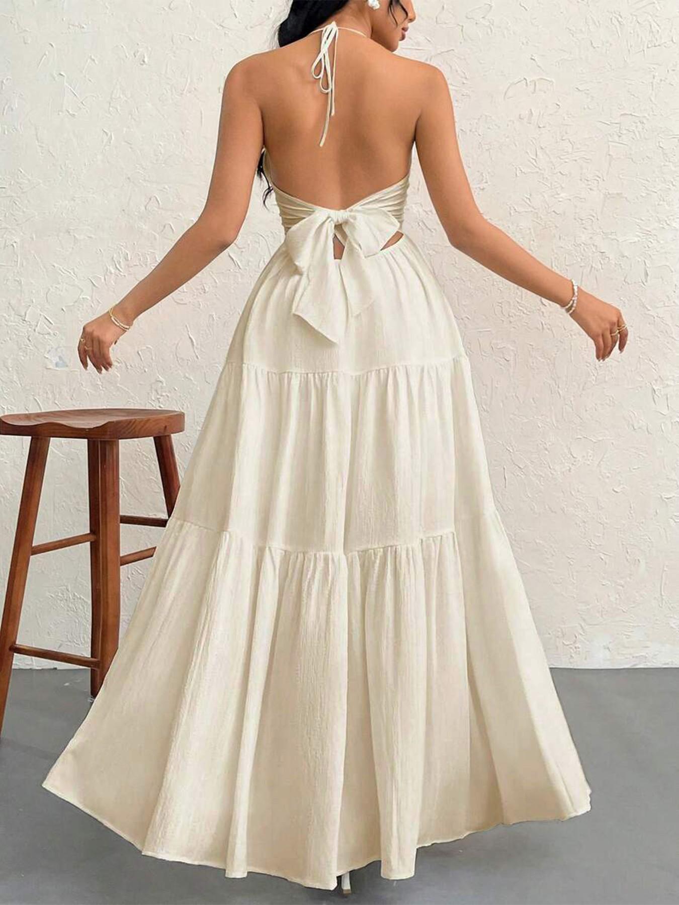 Women Halter V Neck Maxi Dress, Ruched Bust Empire Waist, Tiered Flowy Long Dress, Sleeveless Spaghetti Strap, Beach Vacation Sundress, Casual, Elegance