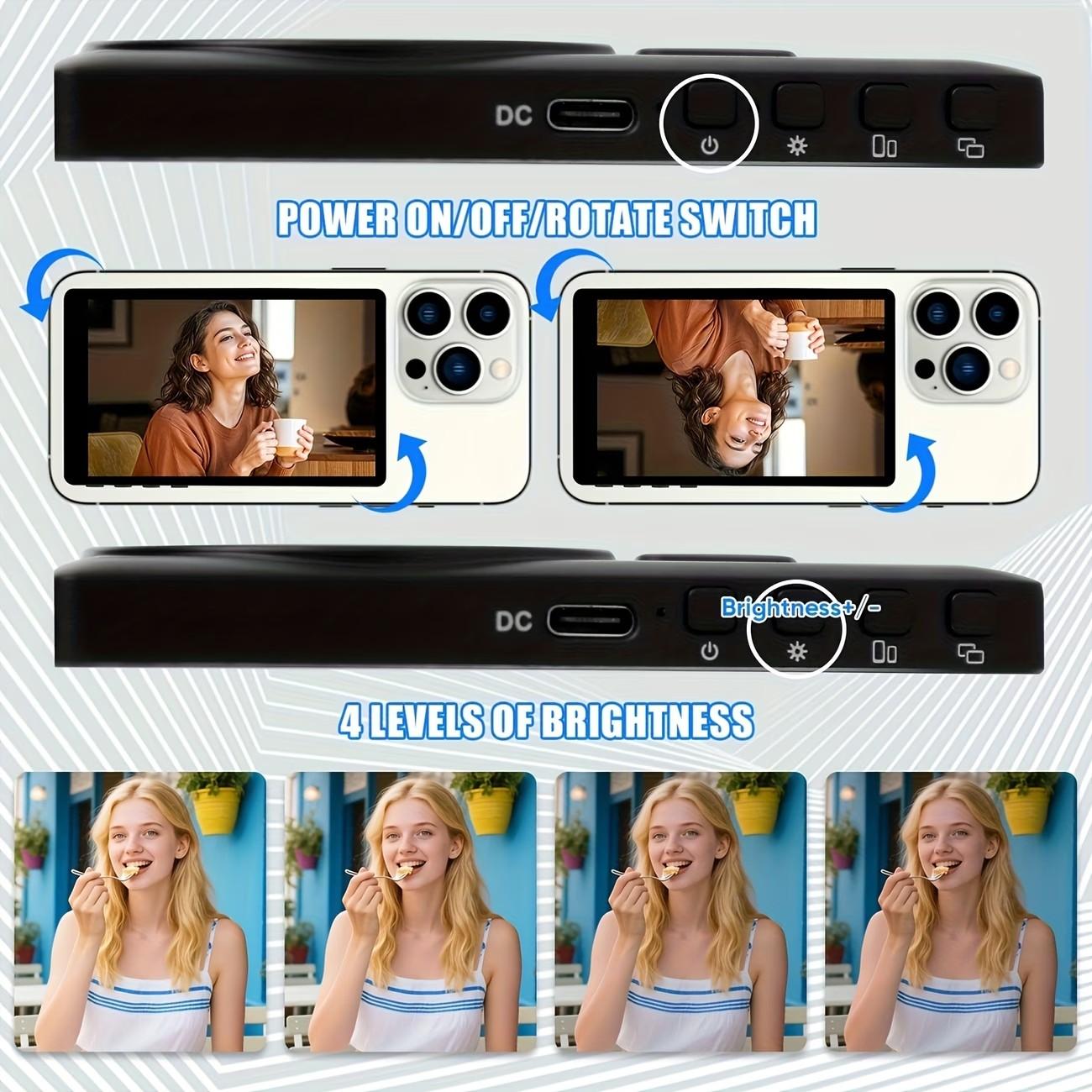 Wireless Selfie Monitor Screen for iPhone & Android, 1500mah Magnetic Phone Vlog Selfie Screen, Bluetooth-compatible Remote, 3-Level Brightness