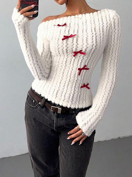 Valentine's Day Women's Bow Decor Asymmetrical Neck Tee, Cute Long Sleeve Top for Fall & Winter, Women's Clothing for Daily Wear